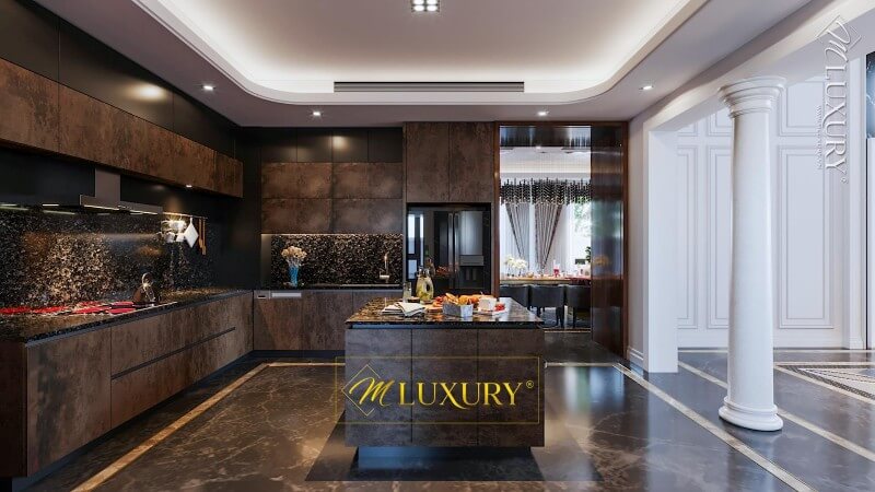 Mẫu tủ bếp và tủ bếp đảo hiện đại đầy sang trọng. Bề mặt tủ được ốp đá nhân tạo cao cấp màu đen mang giúp trong quá tình nấu nướng tiện nghi và sạch sẽ hơn Tủ bếp đẹp, tủ bếp đẹp hiện đại, tủ bếp An Cường, tủ bếp cao cấp